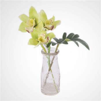 Cymbidium umělé 3květy zelené a skleněná lahev