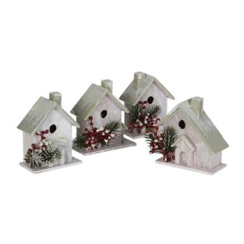 Vánoční ptačí budka s větvičkou, bílo-šedá, 10cm