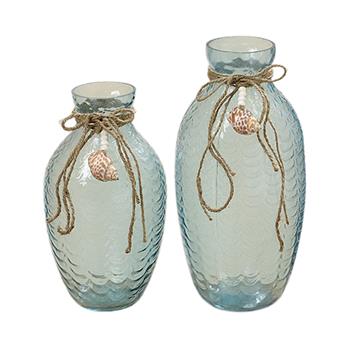 Skleněná váza dekor provázek a mušle 30cm velká