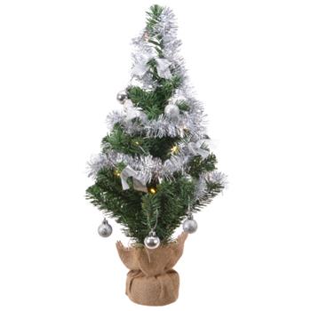 Stromek umělý svíticí 20LED + stříbrné ozdoby v jutě 60cm