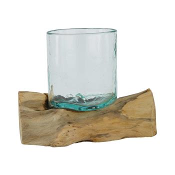 Váza atypická skleněná s plaveným dřevem 16x25cm