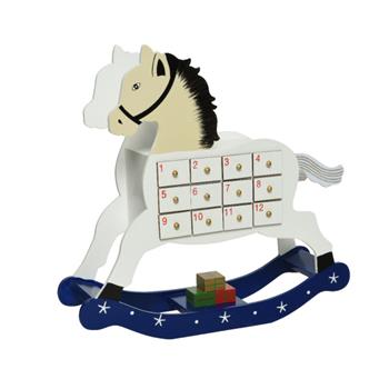 Adventní kalendář dřevěný houpací kůň bílo-modrý 32cm