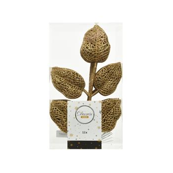 Ozdoba list plastový s glitry zlatý 12ks