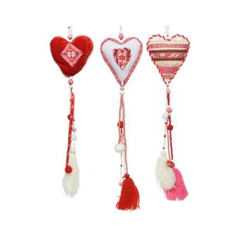 Ozdoba srdce se střapci látkové bílo-červená 55cm