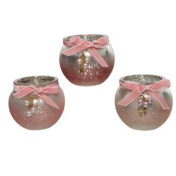 Svícen na čajovku skleněný koule dekor perly mix růžová 8cm