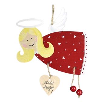 Ozdoba Anděl strážný dřevo červená 21cm