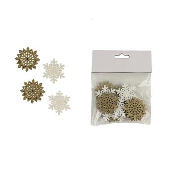 Přízdoba vločka lepící dřevěná s glitry bílá/zlatá mix 3,5cm/12ks