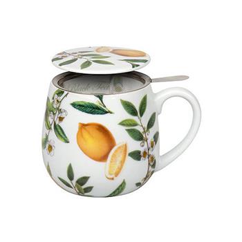 Hrnek buclák porcelánový se sítkem a víčkem BLACK TEA a citron 420ml