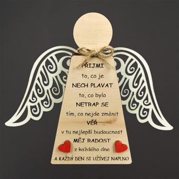 Anděl text PŘIJMI TO, CO JE dřevo přírodní 18x15cm
