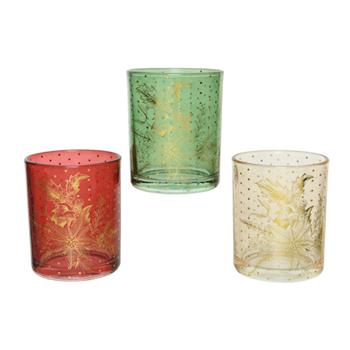 Svícen skleněný na čajovou svíčku s poinsettií a cesmínou mix 8,5cm