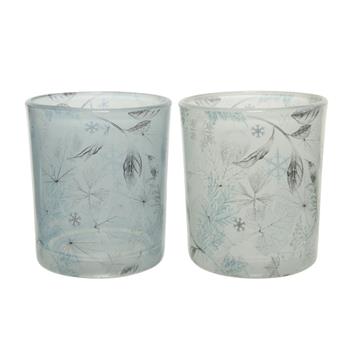 Svícen skleněný na čajovou svíčku s vločkami a listy mix 8cm