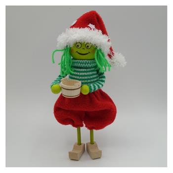 Vodník v čepici látka se dřevem zeleno-červený 20cm