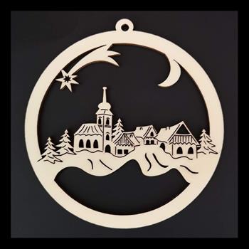 Ozdoba dřevěná koule s vesnicí přírodní 11cm