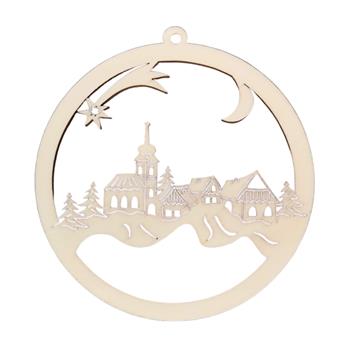 Ozdoba dřevěná koule s vesnicí přírodní 11cm