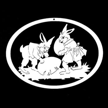 Ozdoba dřevění zající s vejci v oválu přírodní 21cm