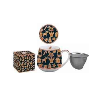 Vánoční porcelánový hrnek buclák se sítkem a víčkem – motiv perníčky, 430 ml