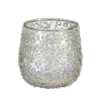 Svícen skleněný na čajovku s perličkami čirý 10cm