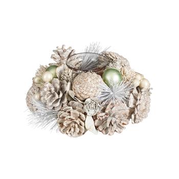 Svícen na čajovku šišky a ozdoby s glitry bílý 19cm