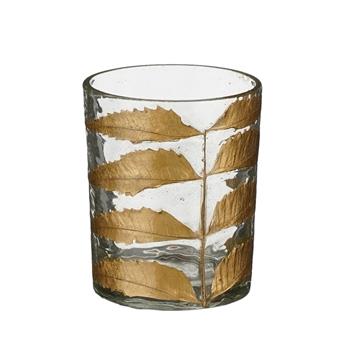 Svícen válcový skleněný na čajovku s listy zlato-čirý 10cm