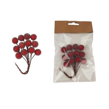 Přízdoba ojíněná bobule na drátku umělá červená 1,5cm/12ks