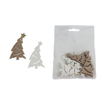 Přízdoba dřevěný strom s hvězdou a glitry bílý/zlatý mix 5ks