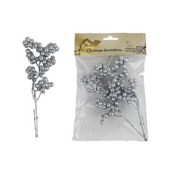 Větev umělá s malými bobulemi stříbrná 19cm 2ks