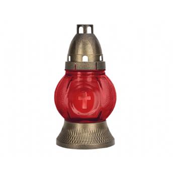 Lampa hřbitovní skleněná koule s křížkem červená 18cm