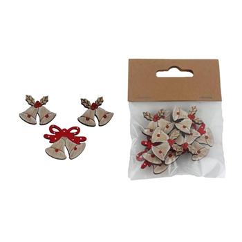 Přízdoba zvonek s cesmínou/mašlí dřevěný přírodní mix 8ks