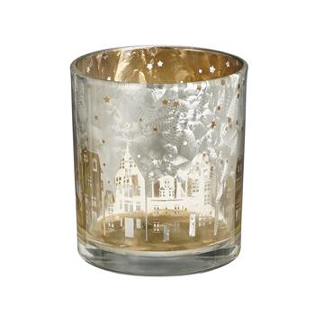 Svícen na čajovku skleněný s městem a námrazou stříbrný 8cm