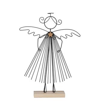 Drátěný anděl na dřevěném podstavci 33 cm – černo-přírodní