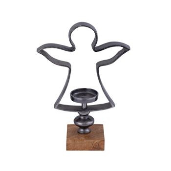 Svícen anděl KENNEDI S hliníkový na dřevěném podstavci 43cm