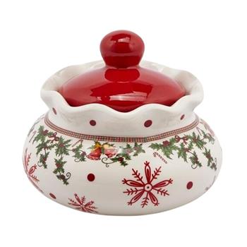 Keramická kulatá dóza s víčkem Cesmína 15 cm, červeno-bílá