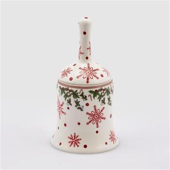 Zvonek keramický s vločkami a cesmínou červeno-bílý 22cm