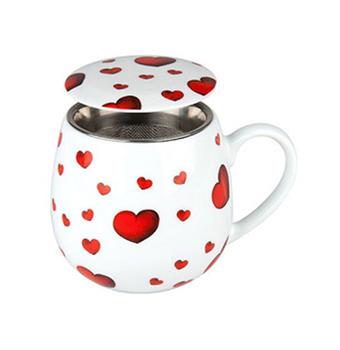 Hrnek buclák porcelánový se sítkem a víčkem LITTLE HEARTS 420ml