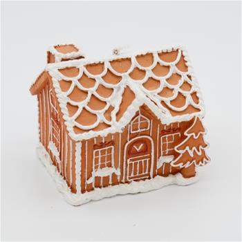 Svícen na čajovku perníkový dům z polyresinu bílo-hnědý 7,5cm
