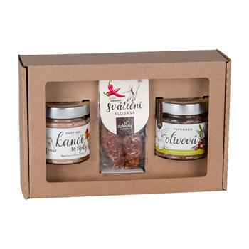 Dárková sada kančí paštiky, vepřové kolbásy a olivové tepenády 3ks
