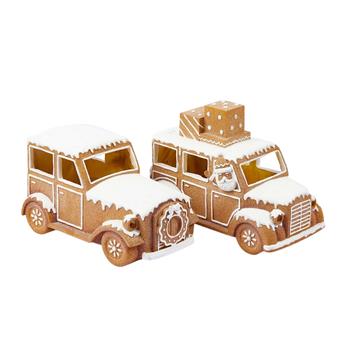 Perníkové auto polyresinové s LED 31 cm, bílo-hnědé