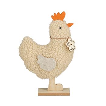 Slepice plyšová na dřevěném podstavci béžová 31,5cm