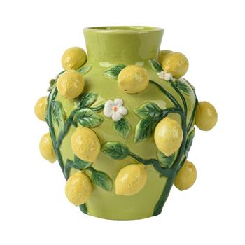Váza dolomitická kulatá s úzkým hrdem a citrony žluto-zelená 26cm