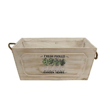 Obal dřevěný hranatý GARDEN HERBS se 2 uchy a igelitem bílo-hnědý 27cm