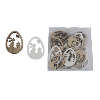 Přízdoba dřevěné vejce se zajícem a květy bílé/přírodní mix 24ks