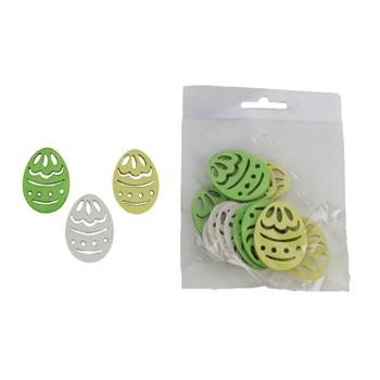 Přízdoba dřevěné vejce žluté/zelené/bílé 12ks