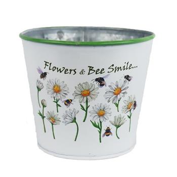 Obal kulatý plechový FLOWER & BEE SMILE s kopretinami bílo-zelený 12cm