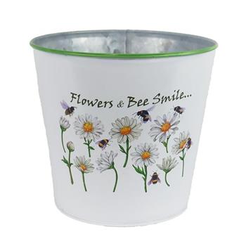 Obal kulatý plechový FLOWER & BEE SMILE s kopretinami bílo-zelený 14,5cm