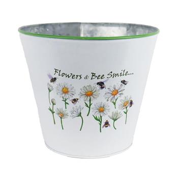 Obal kulatý plechový FLOWER & BEE SMILE s kopretinami bílo-zelený 16,5cm