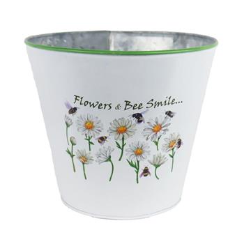 Obal kulatý plechový FLOWER & BEE SMILE s kopretinami bílo-zelený 20cm
