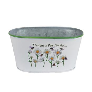 Obal oválný plechový FLOWER & BEE SMILE s kopretinami bílo-zelený 20cm