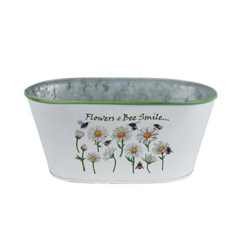 Obal oválný plechový FLOWER & BEE SMILE s kopretinami bílo-zelený 23,5cm