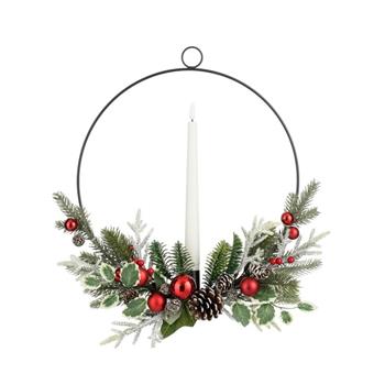 Svícen kruhový s jehličím a 1 LED svíčkou, t.bílá s časovačem na baterie 36,5cm