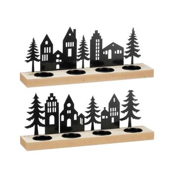 Svícen dřevěný na 4 čajové svíčky s kovovým městem mix 32cm